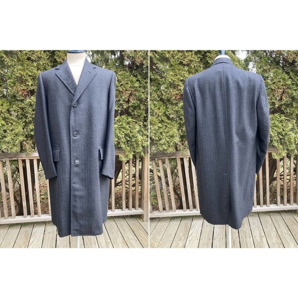 Fits 42 Mint Herringbone Shadow Striped Fine Italian Wool Overcoat Top Coat - Picture 1 of 6